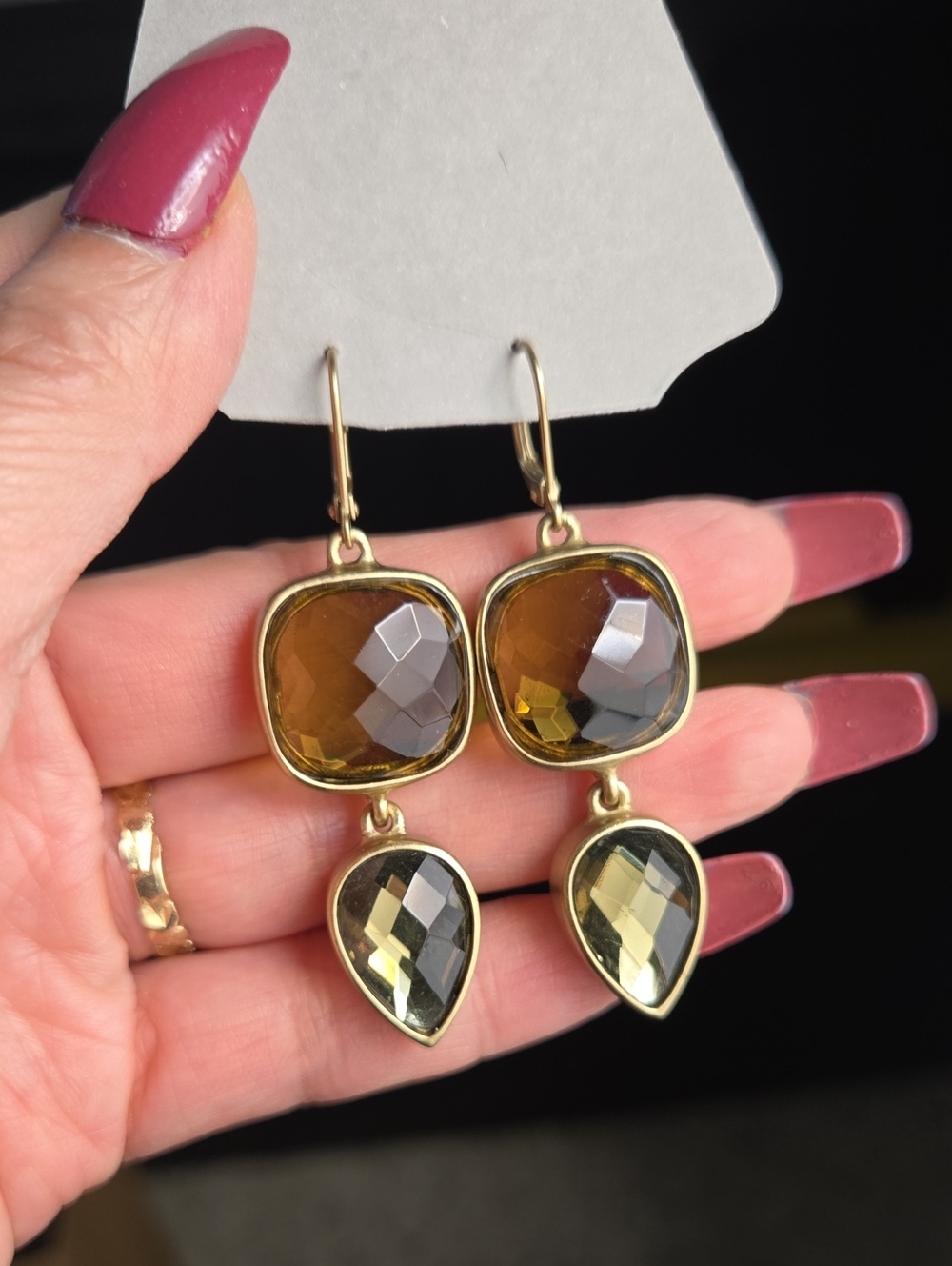 Anne Klein Gold-Tone Amber Brown  Green Faceted Drop Earrings